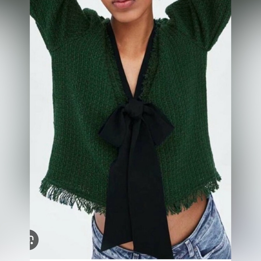Zara Green V-Neck Sweater with Black Bow